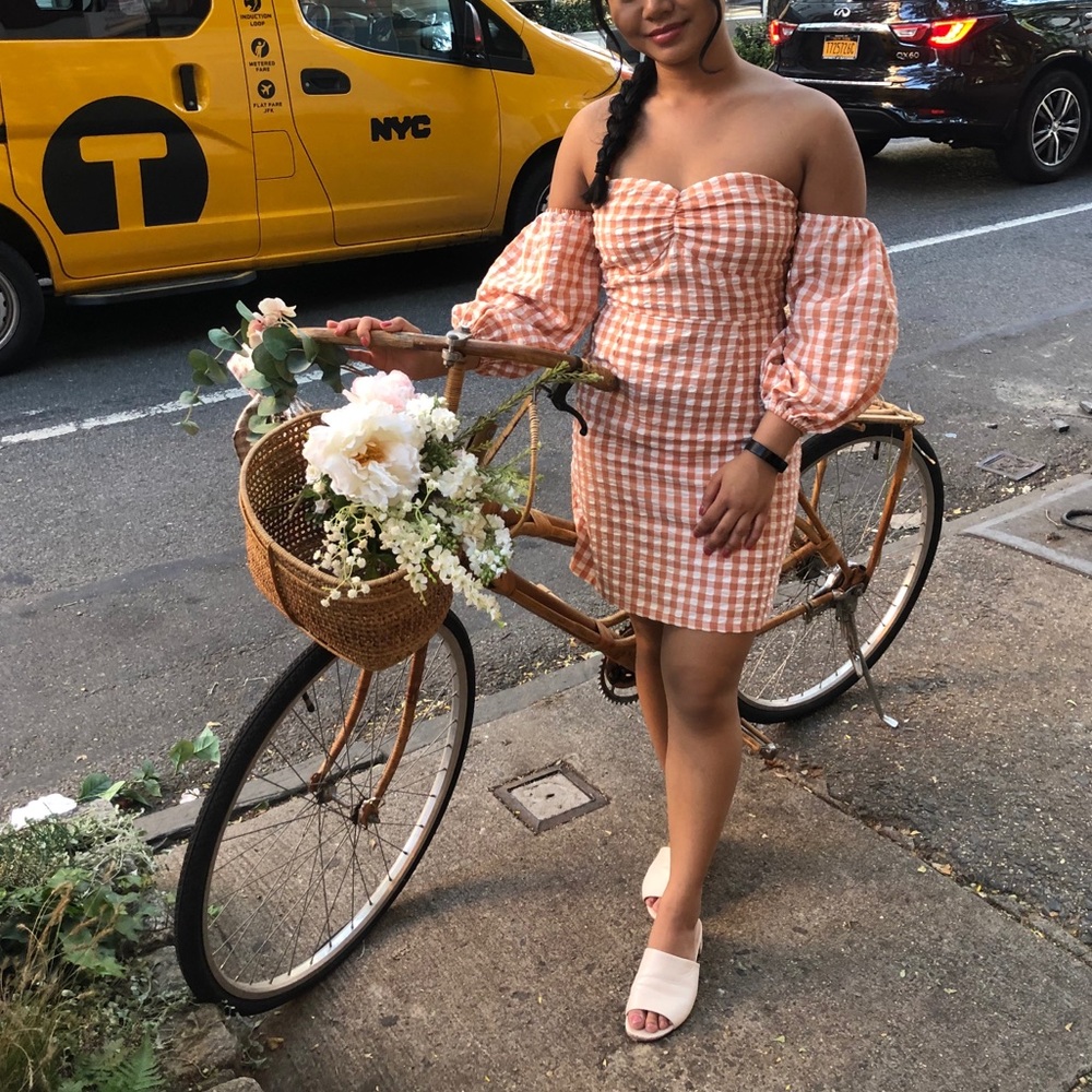 Boohoo Pink Plaid Off Shoulder Bodycon Dress